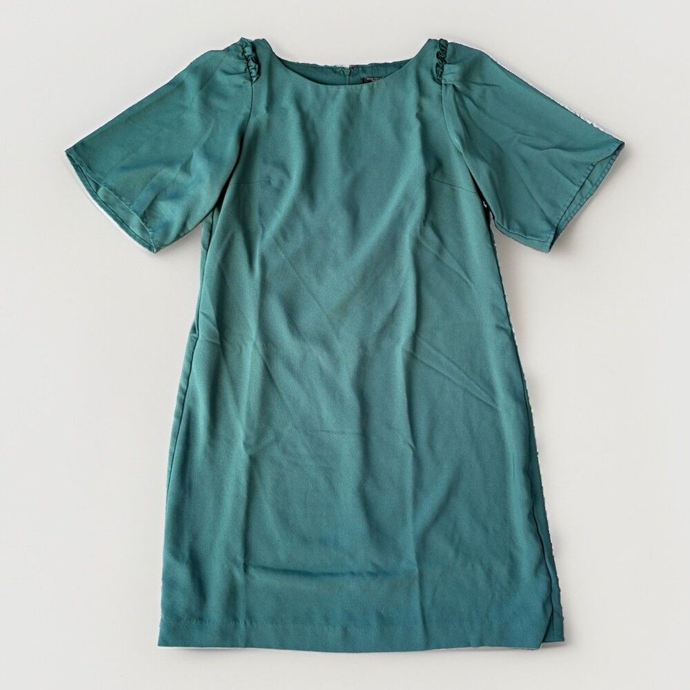 Ann Taylor Dress 8P Petite Green Flutter Sleeve Crew Neck Ruffle Shift Workwear